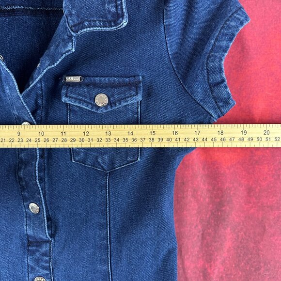 GUESS DENIM SHIRT DRESS MEDIUM CAP SLEEVE BUTTON FRONT NAVY BLUE - Picture 9 of 11